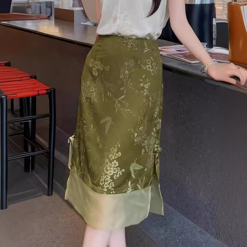 国风醋酸提花拼接欧根纱半身裙南油高档女装夏季新中式高级感裙子