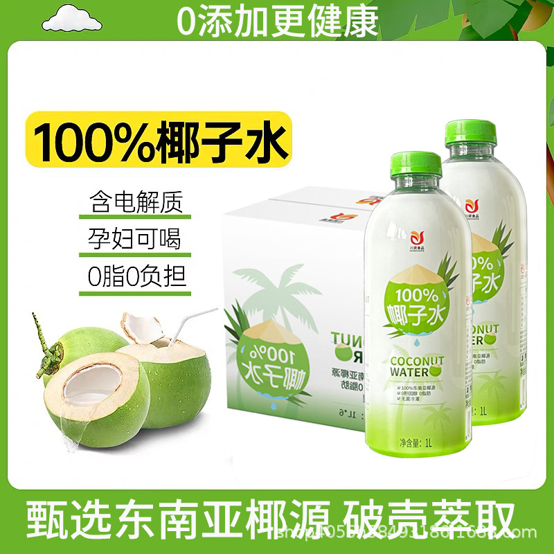 纯椰子水100%1L*2大瓶整箱天然椰青鲜榨椰汁饮料电解质商用瓶装