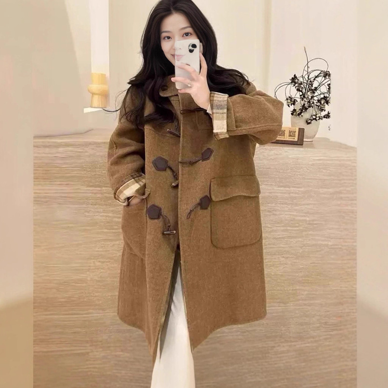 [Same Style as Zhao Lusi] Bear Plaid Retro Small Double-Sided Wool Outwear Horn Button New Outwear for Women