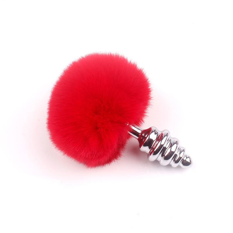 Threaded Metal Anal Plug with Faux Rabbit Fur Tail, Red — detail image 9