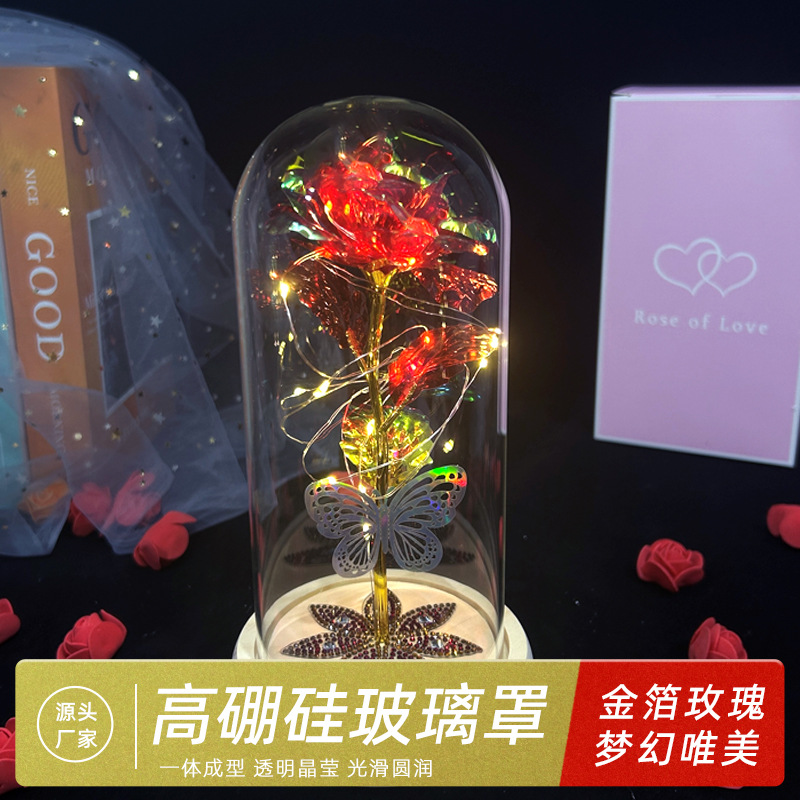 Cubierta de cristal de flor preservada, luz nocturna rosa de lámina dorada, 520, regalo de cumpleaños para el Día de San Valentín, adorno de Navidad