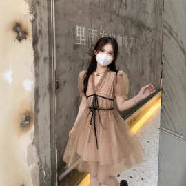 有货实拍！法式复古赫本风网纱泡泡袖V领波点系带连衣裙女