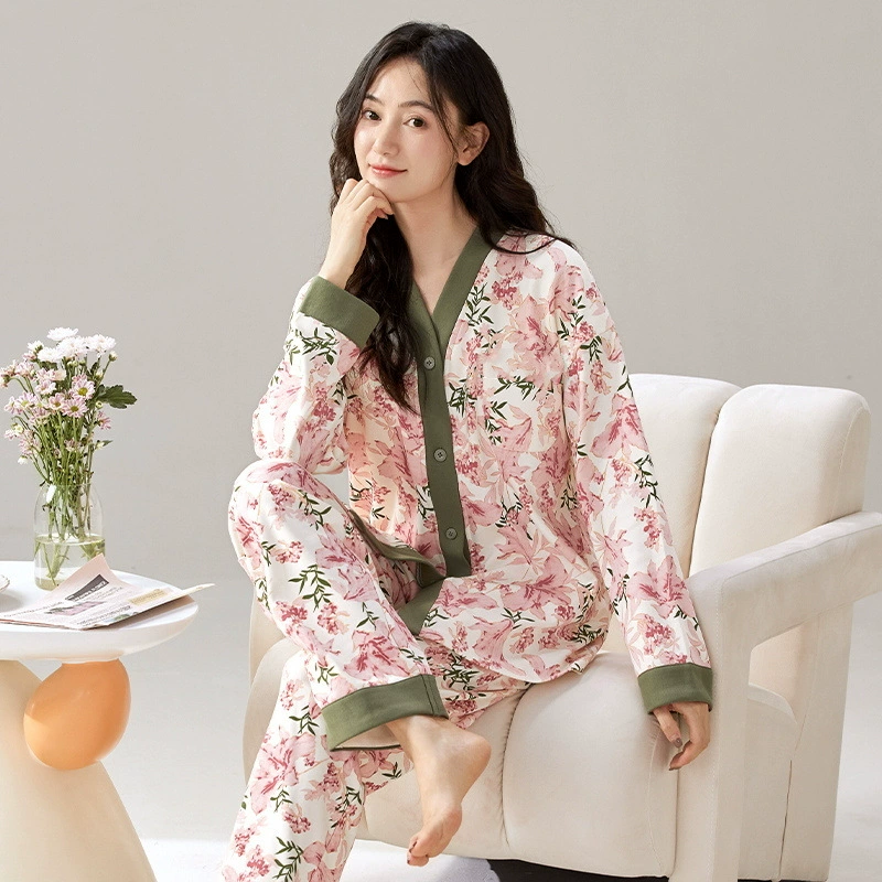 Хлопковая пижама женская осень новый кардиган с длинными рукавами