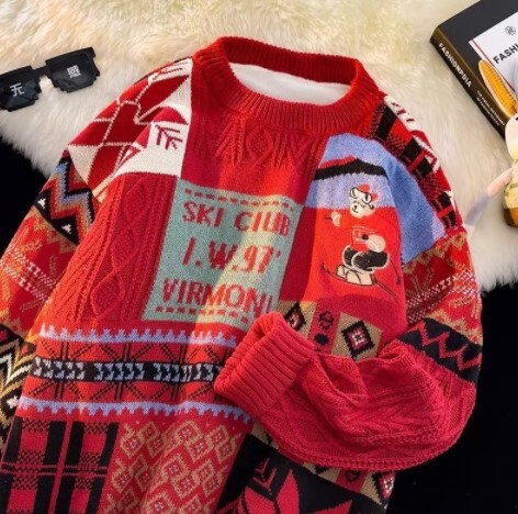 Christmas Sweater Men's Winter fleece-lined Thickened Warm Knitted Sweater Ins Hong Kong Style Loose Trendy Brand Couple Sweater