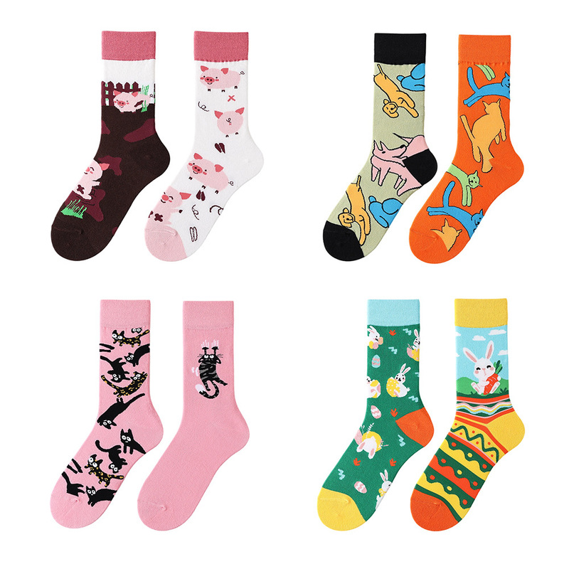 Japanese-Style Ab Socks Cartoon Color-Blocking Asymmetrical Socks Creative Versatile Unisex Couple Autumn and Winter Mid-Tube Sports Casual Socks