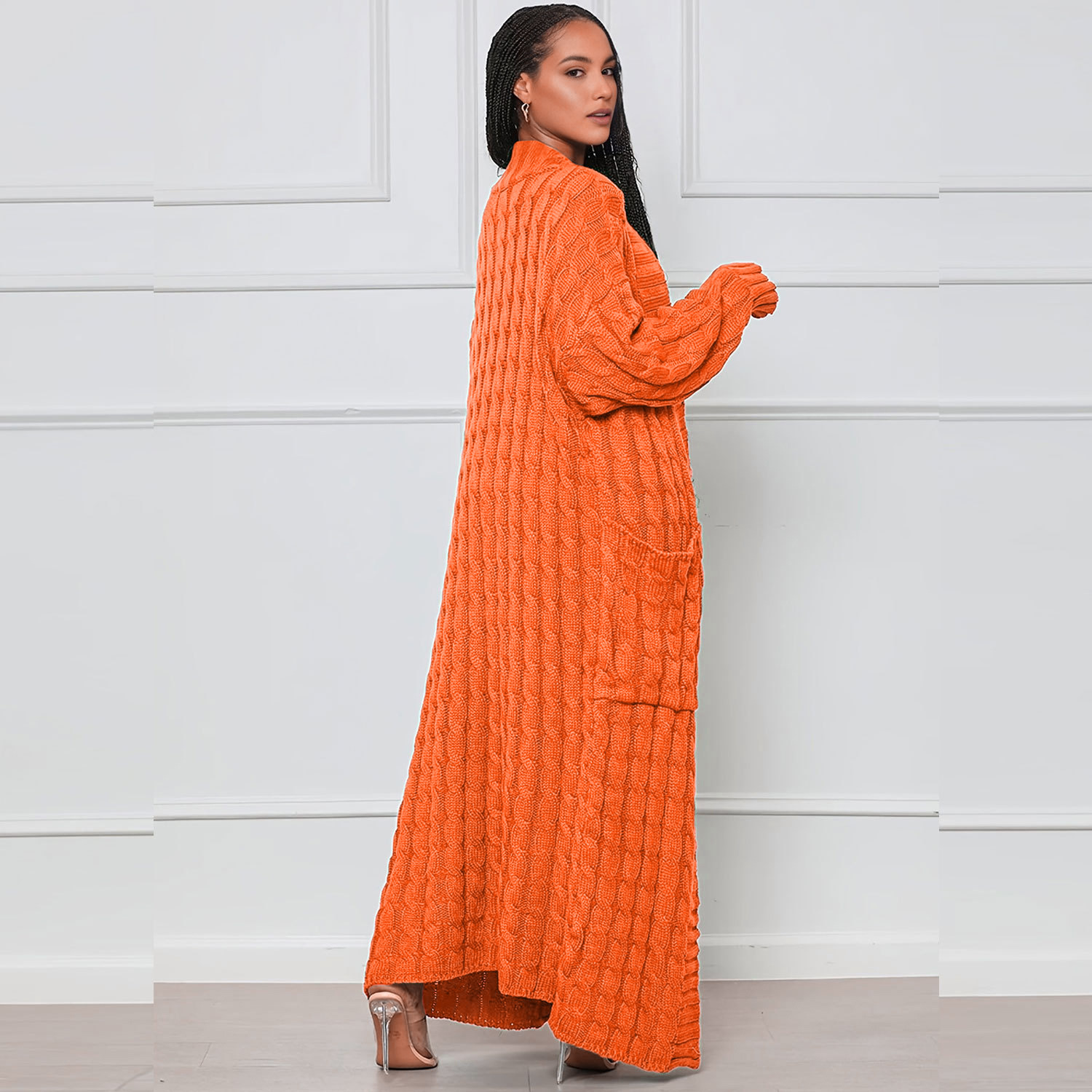 Damen Strickjacke Lang Aus Grobstrick In Unifarben Wintermantel_voghion.com