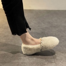 豆豆鞋毛毛鞋仙女风冬季新款毛茸茸女平底韩版学生珍珠水貂毛棉鞋