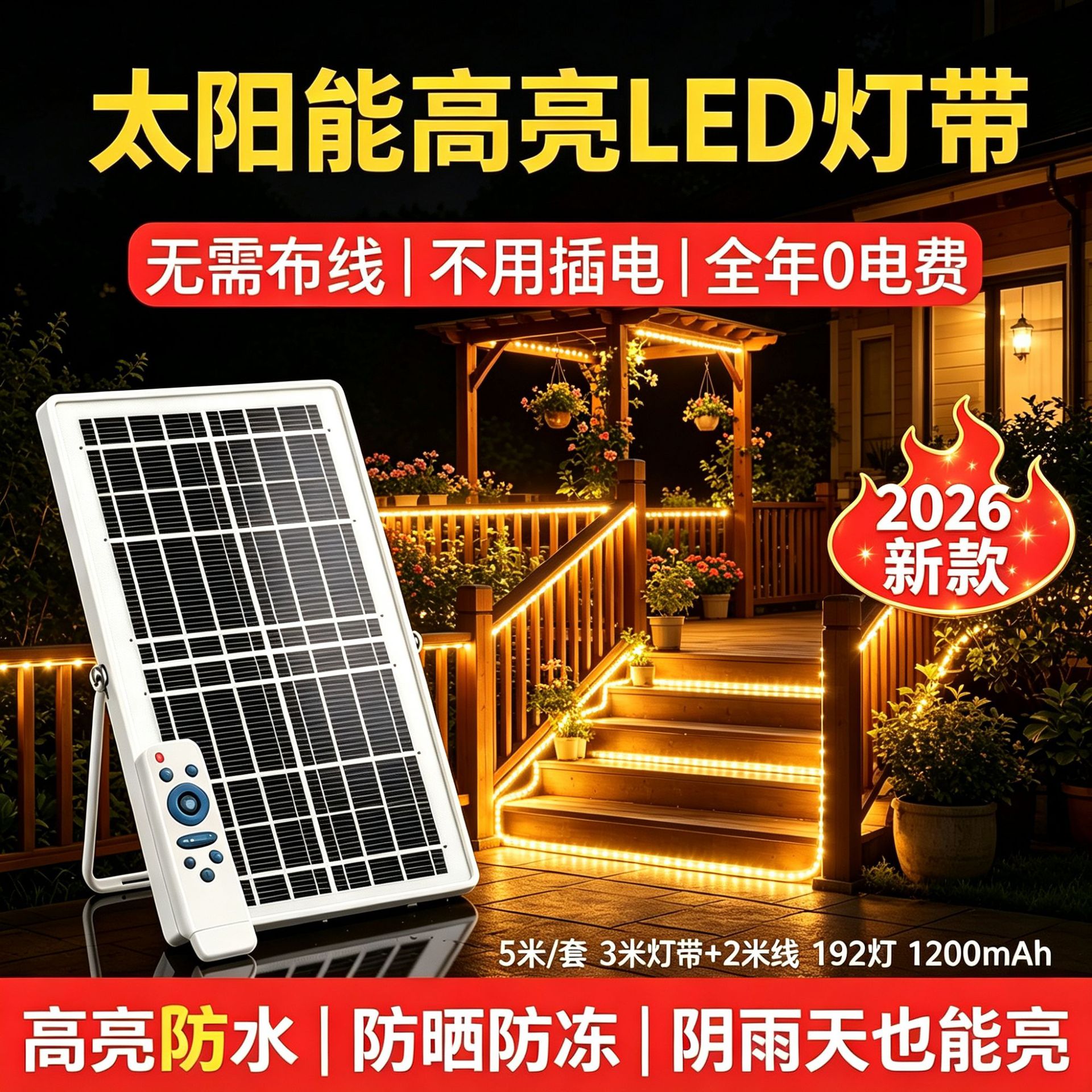 太阳能灯带户外防水超亮LED灯条四彩长亮超细庭院花园阳台装饰灯