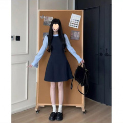 大码女装韩系复古学院风假两件长袖连衣裙女收腰显瘦遮肉气质长裙
