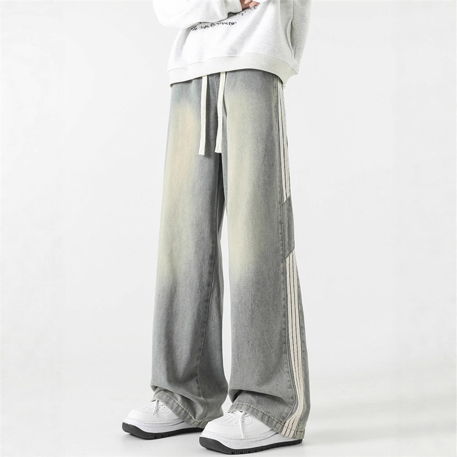 Men's Wide-Leg Jeans Spring Drawstring Splicing Trendy Casual Versatile Drapey Straight Pants Men's Fashion