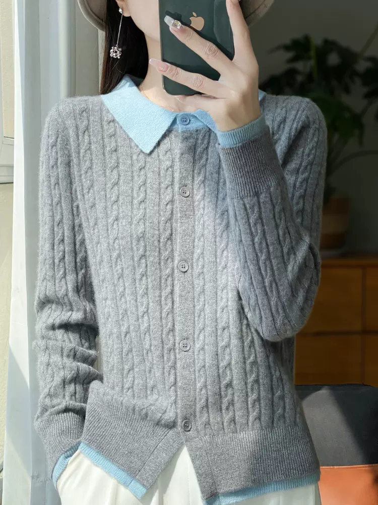 时尚假两件羊绒开衫女Polo领气质显瘦拼色针织羊毛衫100羊毛外套