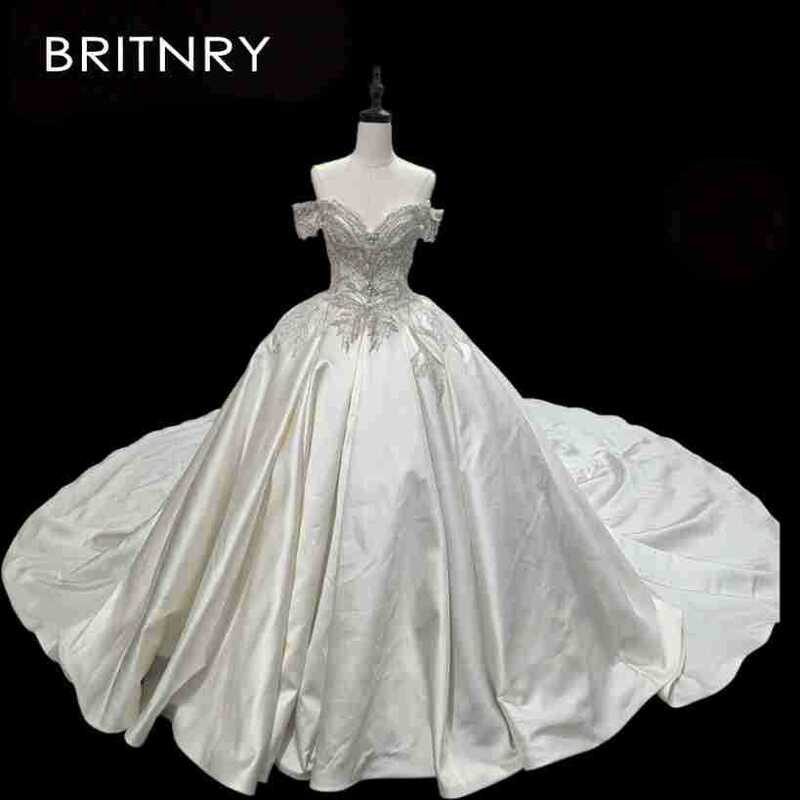 2026 Off-Shoulder Beaded Satin Wedding Dress with Cathedral Train, Custom-Made Heavy-Trail Wedding Gown 2026 Off-Shoulder Beaded Satin Wedding Dress with Cathedral Train, Custom-Made Heavy-Trail Wedding Gown