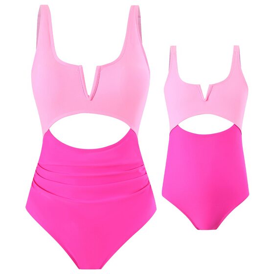 2024 new European and American one-piece swimsuit women's nylon color contrast parent-child adult children's swimsuit manufacturers in stock wholesale