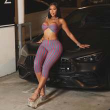 欧美新款跨境时尚度假条纹撞色修身性感短款露脐背心七分裤套装女