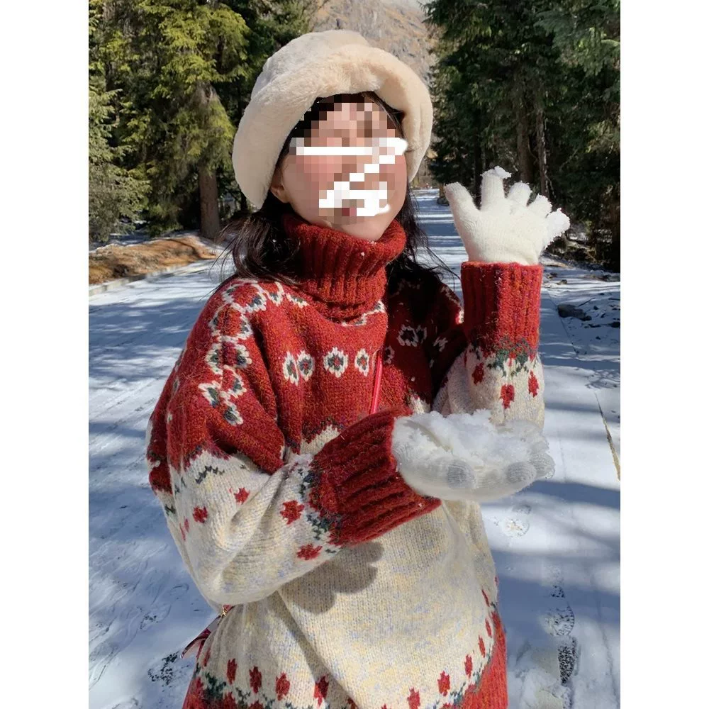 Женский свитер с высоким воротом, красный, на Новый год, осень-зима 2025, новый, утолщенный, в стиле «ленивый», трикотажный, для дома