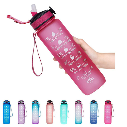 Amazon Gradient Plastic Cup 1000ml Space Cup Bouncing Lid Sanding Straw Cup with Time Scale
