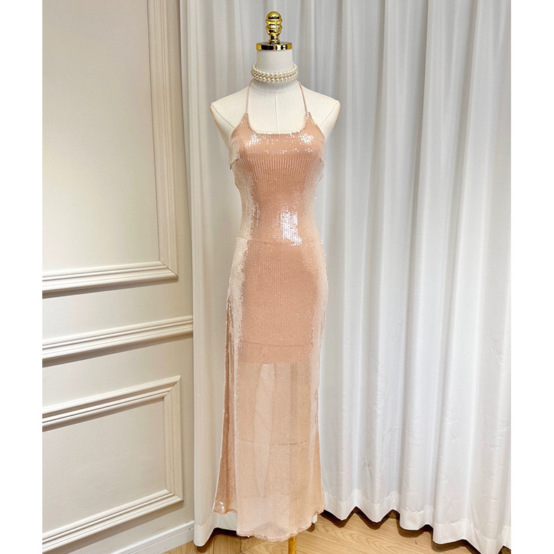 French-Style Elegant Square-Neck Halter Strapless Dress with Exposed Back and Hip Slit for Women