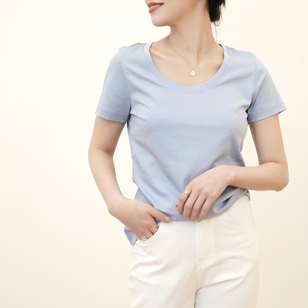 고급 센스 멀 베리 실크 칼라 본 큰 목 머서 면화 반팔 티셔츠 여성용 대형 라운드 넥 칙칙한 로우 칼라 탑