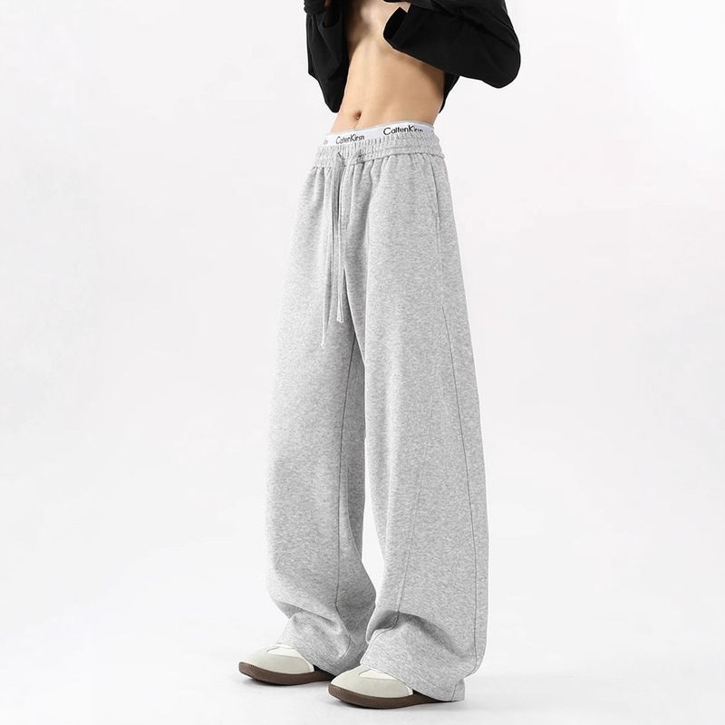 Trendy Loose-Fitting Men's Sweatpants with Curved Hem, Spring and Autumn Fleece-Lined Wide-Leg Pants, Casual Large-Size Sports Pants for Men