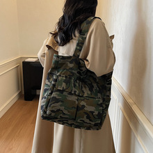 韩系ins复古迷彩包女2026新款文艺单肩腋下包百搭学生帆布托特包