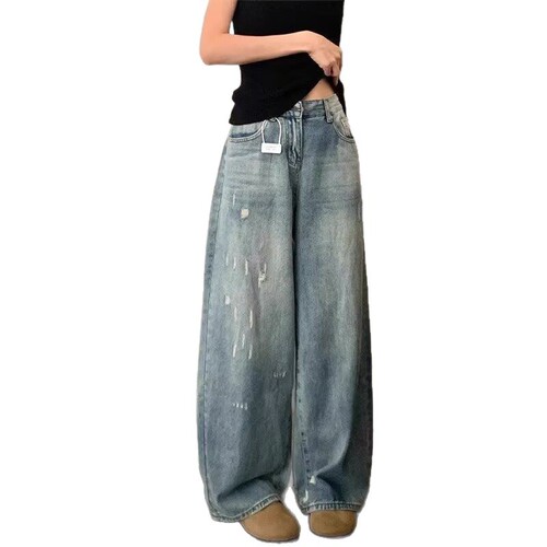 American-style holey light-colored slim-fit wide-leg jeans for women, 2025 summer loose high-waisted straight-leg floor-length pants