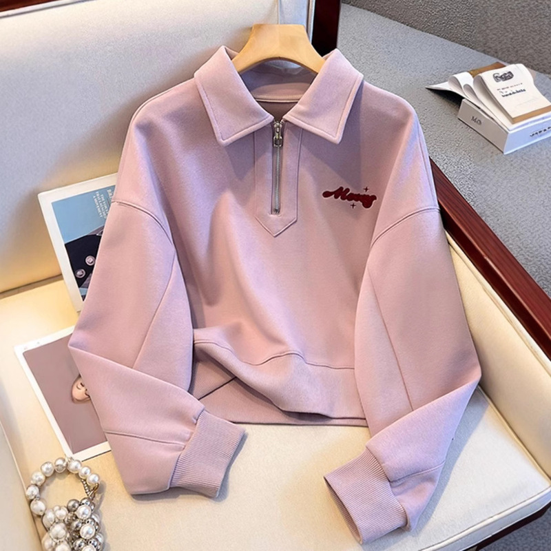 Half-Zipper Polo Collar Sweat Women's Spring and Autumn 2024 New Hot Fashion Stylish Loose Hoodless Short Top Half-Zipper Polo Collar Sweat Women's Spring and Autumn 2024 New Hot Fashion Stylish Loose Hoodless Short Top