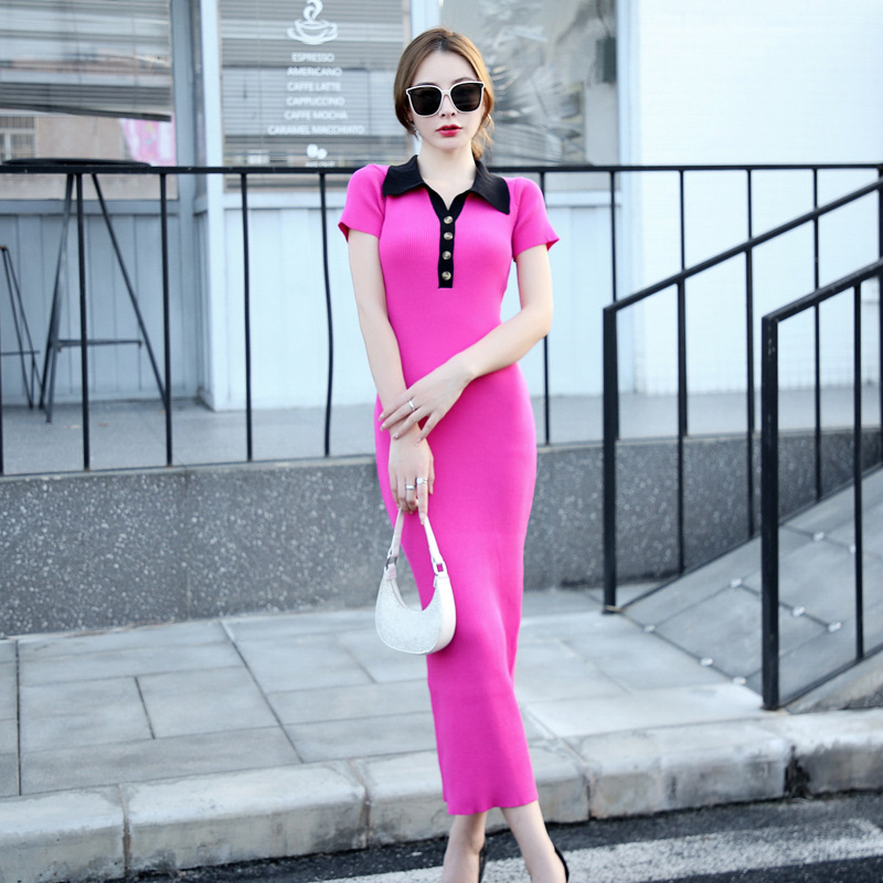2026 Summer Korean Style Women's Polo Collar Short-Sleeved Sweater Dress Slim Fit Hip-Hugging Knitted Long Skirt 6339A