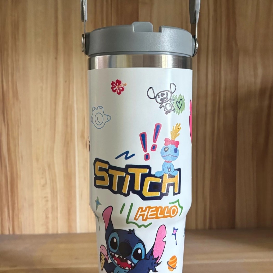 Nuevo 30oz taza de coche patrón de dibujos animados de gran capacidad de acero inoxidable termo de vacío taza de alta apariencia portátil mango de hielo