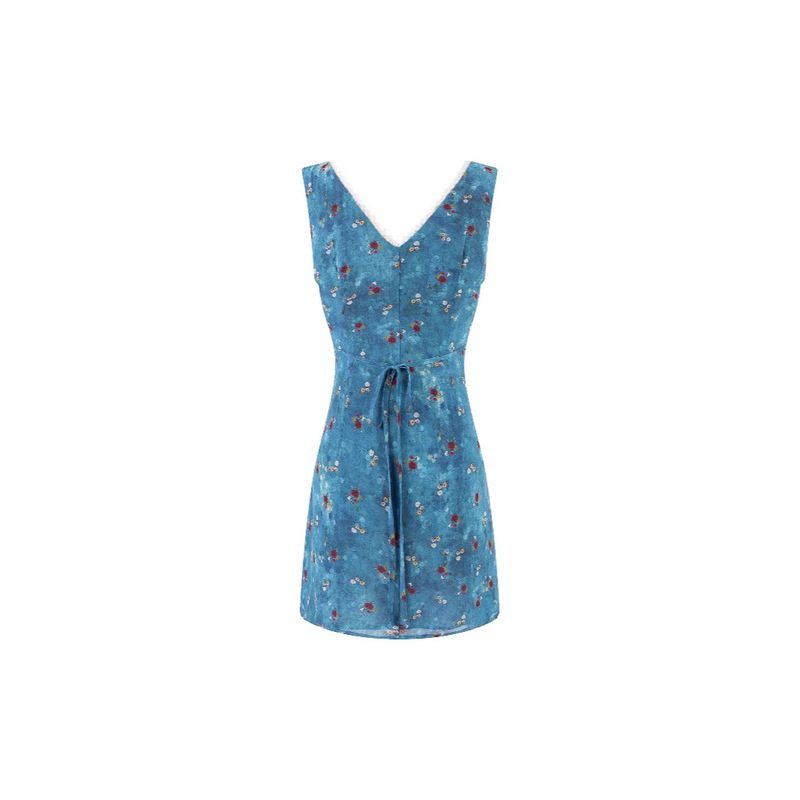 French-Style Retro Capri Blue Floral Spicy Girl V-Neck Short Dress with Straps, Fashionable and Elegant, Gentle and Slim-Fit Dress
