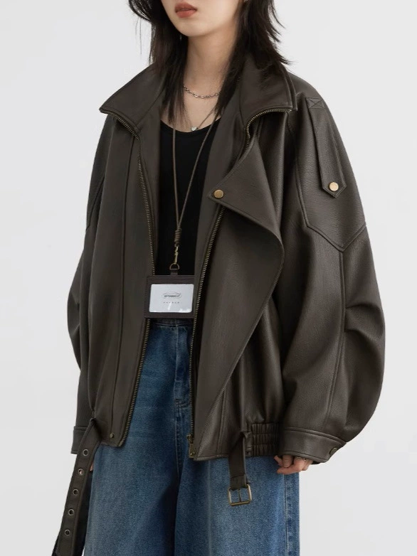 Retro polyurethane jacket, autumn, oversized fit, elastic hem, brown & black