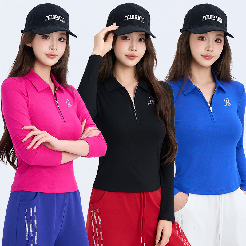 New Fall 2026 Rhinestone Polo Collar Half-Zip Long Sleeve Slim Fit Versatile Top