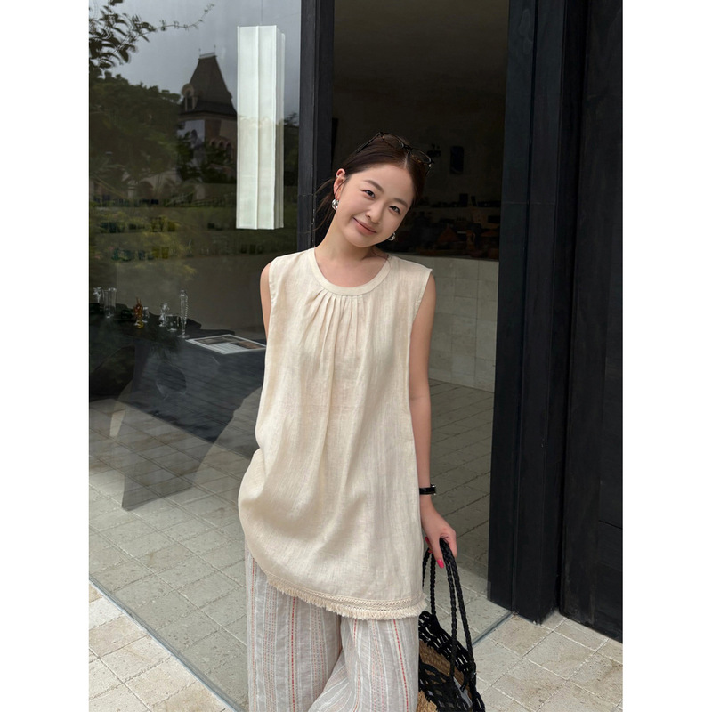 Han Xun Forest Style Girl Sleeveless Lace Tassel Hem Artistic Linen Blouse 2026 Summer New Model 26808 Han Xun Forest Style Girl Sleeveless Lace Tassel Hem Artistic Linen Blouse 2026 Summer New Model 26808