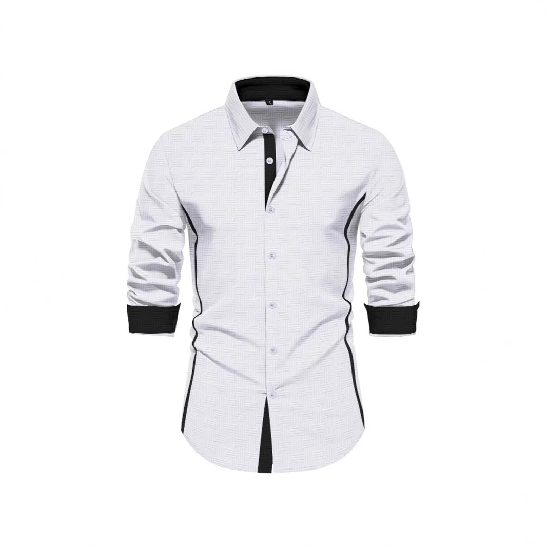 Monochrome Man- Foreign Trade 2026 New European And American Men's Casual Jacquard Turn-Down Collar Long Sleeve Color Block Shirt_voghion.com