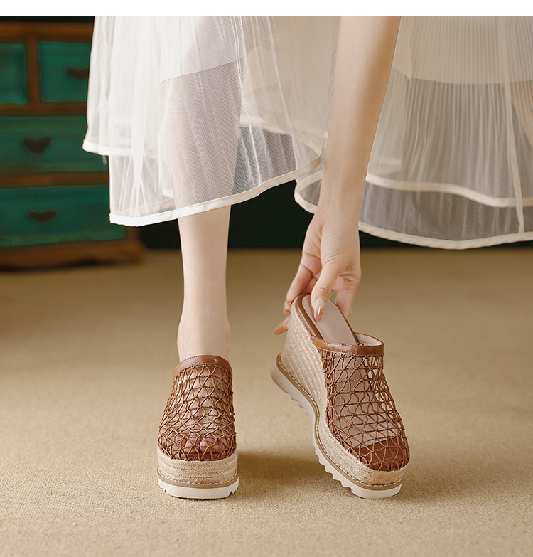 Dép sandal nữ bít mũi đế xuồng cao gót 9 cm phong cách biển — màu nâu, màu đen, màu mơ chi tiết 7