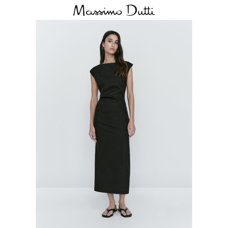 Massimoduti Women's Clothing 2026 Spring and Summer New Style Pleated Small Black Dress with Sleeveless Long Dress for Women