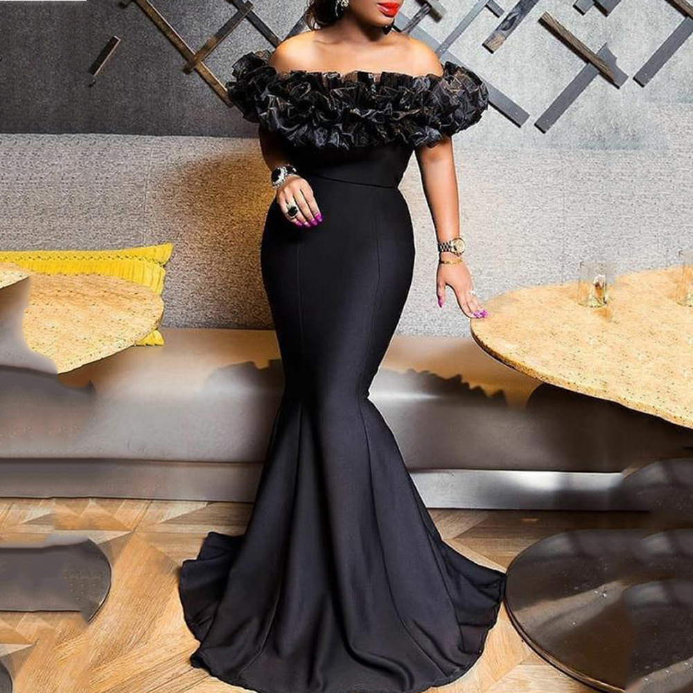 Damenbekleidung neues elastisches Strickgürtel-Anti-Lotusblatt-Schulter-kleines Schwanz-langer Rock-Kleid_voghion.com