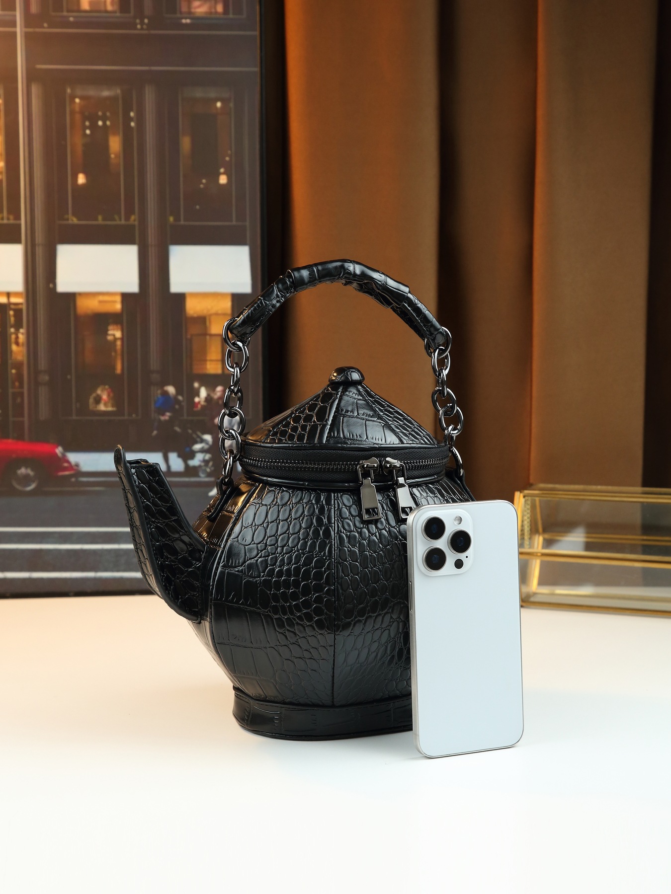 Quirky Crocodile Pattern Shoulder Bag Novelty Teapot Shaped Handbag_voghion.com