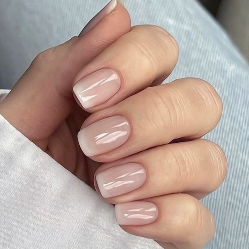 Simple French Pink White Gradient Wear Armor Short Square Pink Nail Wearable Nail Fake Nail Wholesale