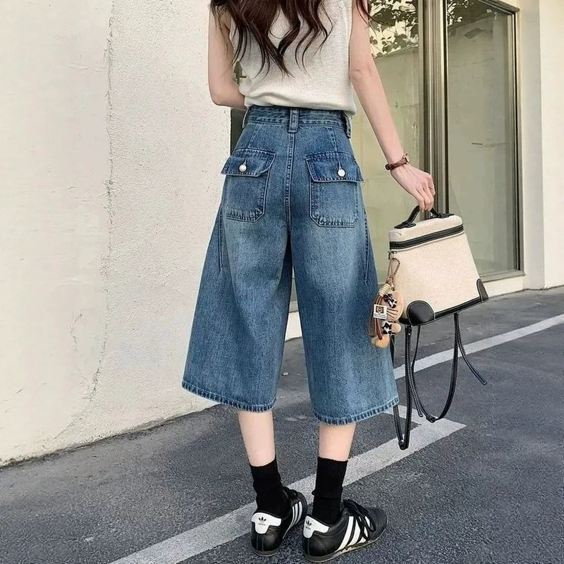 American Retro Workwear Style Cropped Jeans for Women, Petite High-Waisted Versatile Loose Slimming Straight Wide-Leg Mid-Length Pants