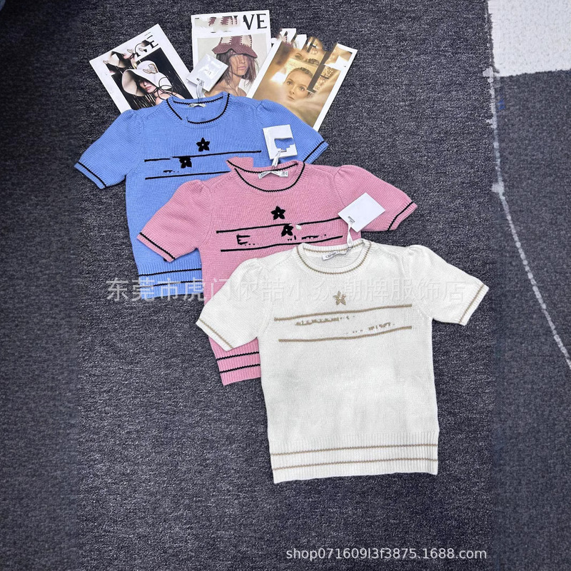 Shenzhen High Version D Home New Letter Jacquard Knitted Fashion Embroidered Five-pointed Star Design Wool Short-sleeved Top