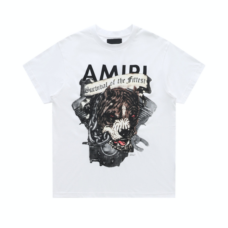 T2 Design (Special Offer) Amiri White Pitbull Dog Head Print High Street Style Short Sleeve T-Shirt