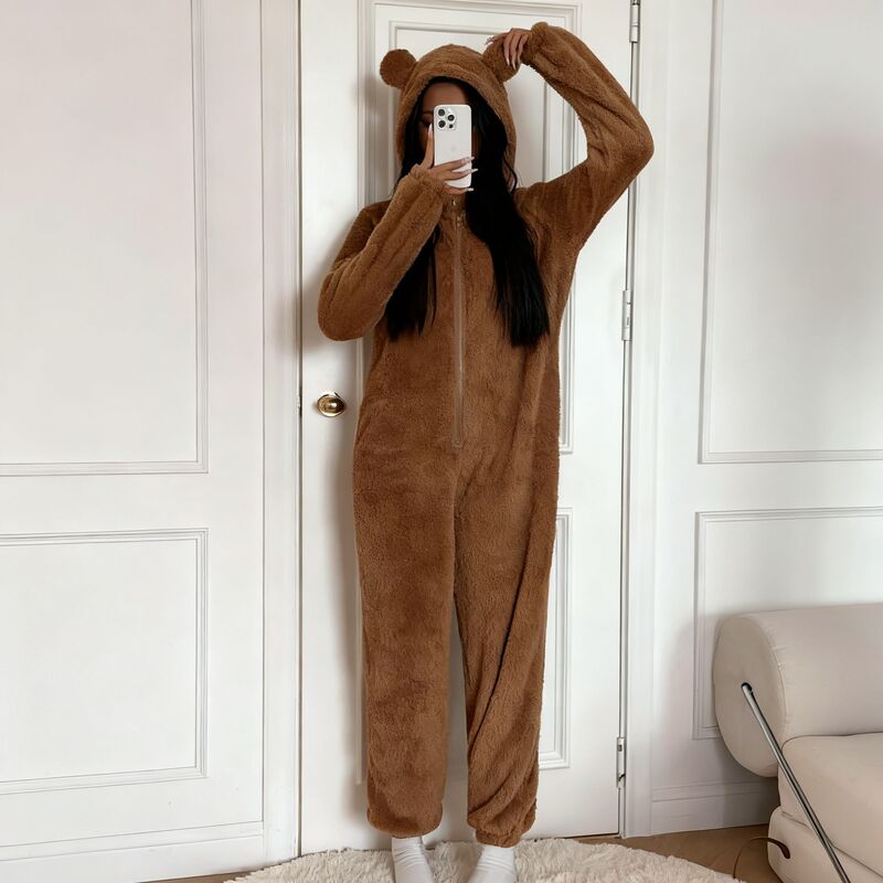 Fashionable Maillard Cute Ears Hooded One-Piece Pajamas Lively Girl Bear Suit Half Zipper Home Clothes for Women Fashionable Maillard Cute Ears Hooded One-Piece Pajamas Lively Girl Bear Suit Half Zipper Home Clothes for Women
