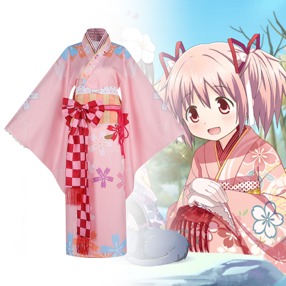 Magical Girl Madoka Cosplay Costume: Kuromi Madoka's Japanese-Style Yukata Kimono for Anime Role-Play Adventures