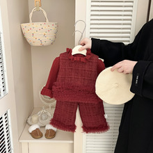 女童新年衣服红色马甲+阔腿裤加厚套装冬季洋气婴幼儿喜庆拜年服