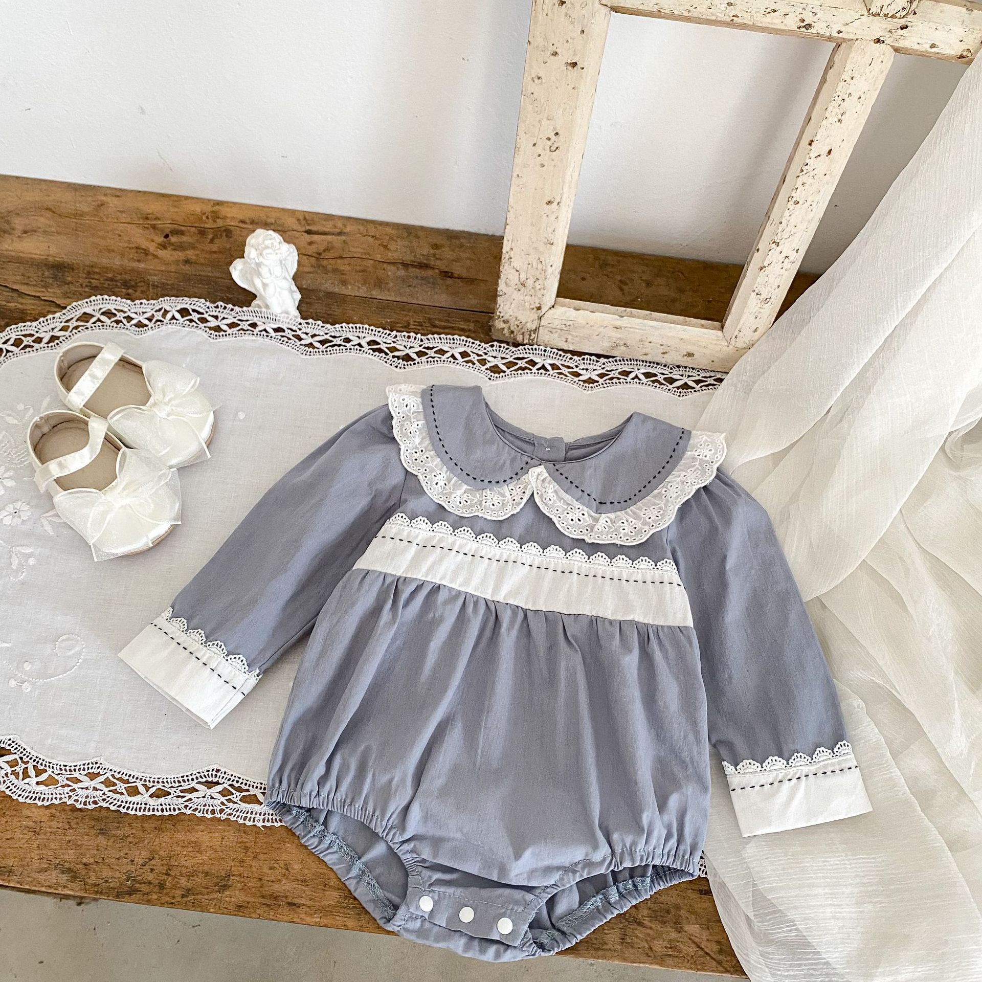 INS 2024 Herbst Baumwolle Klasse A Schwestern Mädchen Baby Spitze Puppe Hals Langarm Furz Gewickelt Romper + Rock_voghion.com