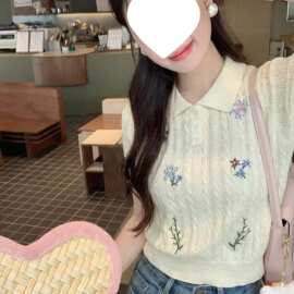 韩系杏色钩花刺绣针织短袖恤女士夏季设计感小众短款上衣图片色