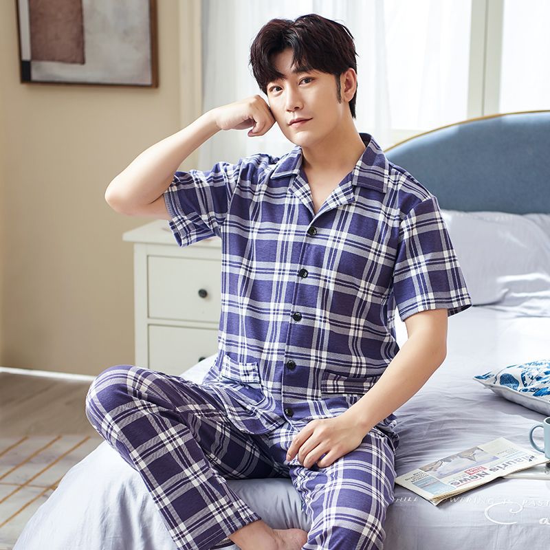 Pijamas pantalones de manga corta para hombres algodón verano delgado cardigan solapa ropa para el hogar más traje de tamaño