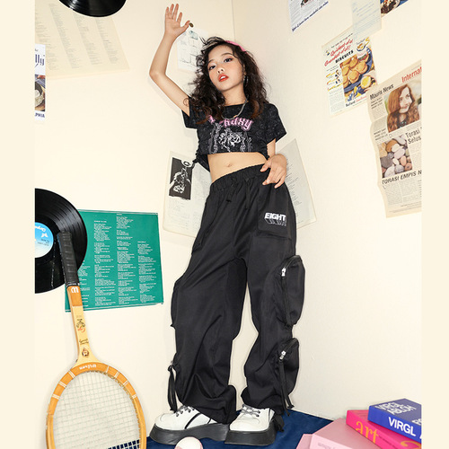 Girls' Short-Sleeve Retro Jazz Dance Costume Set: Black Work Pants and T-Shirt, Perfect for Young Performers