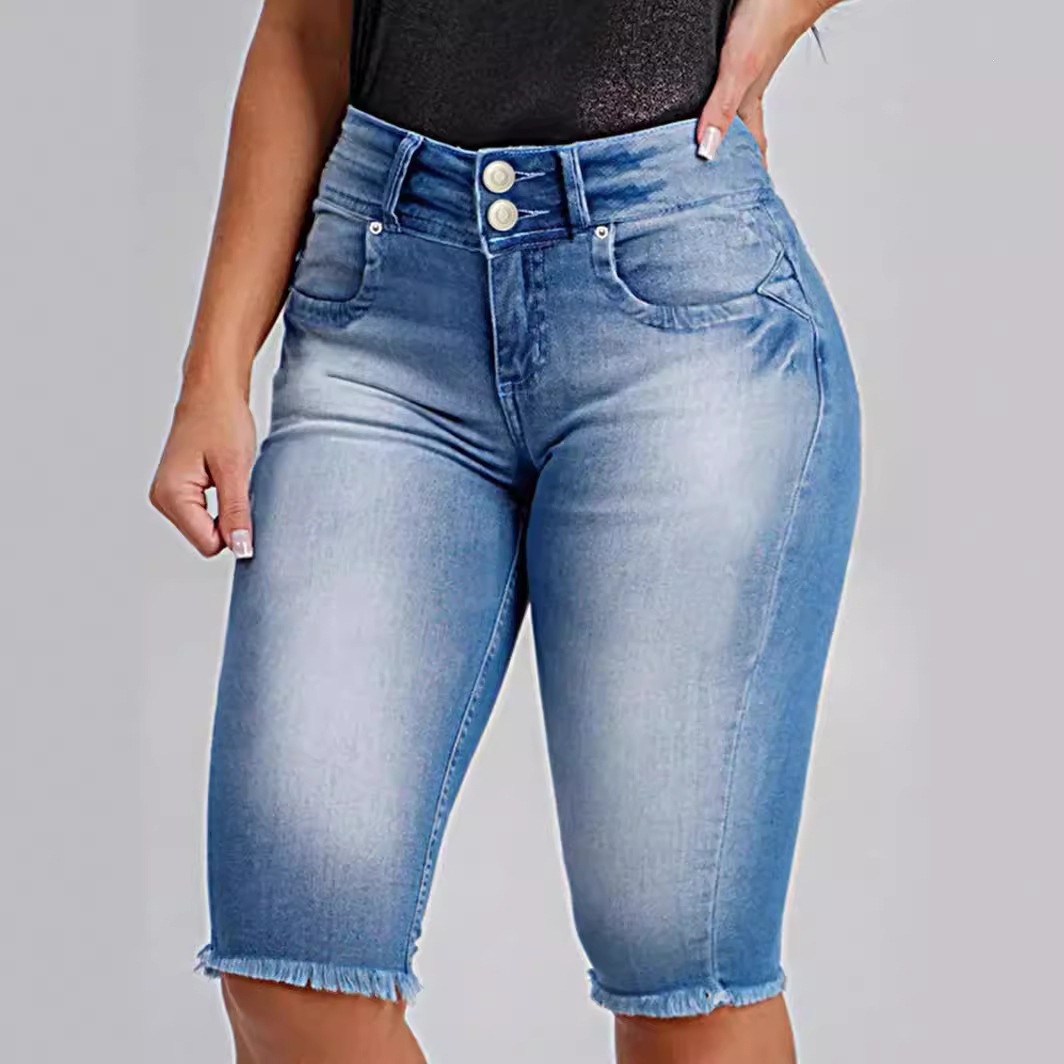 Temu European and American Cross-Border Women's Casual Pants 2026 Summer Denim Shorts Elastic Fringed Denim Shorts for Women