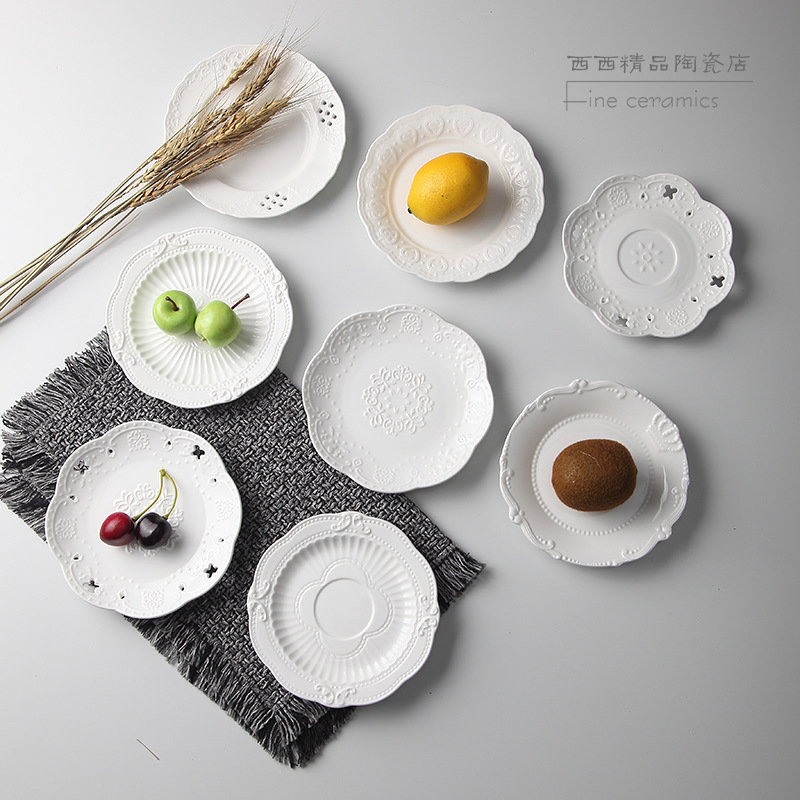 European-style embossed cake dim sum plate dish ceramic 6 inch small plate small disc flat plate white porcelain plate household